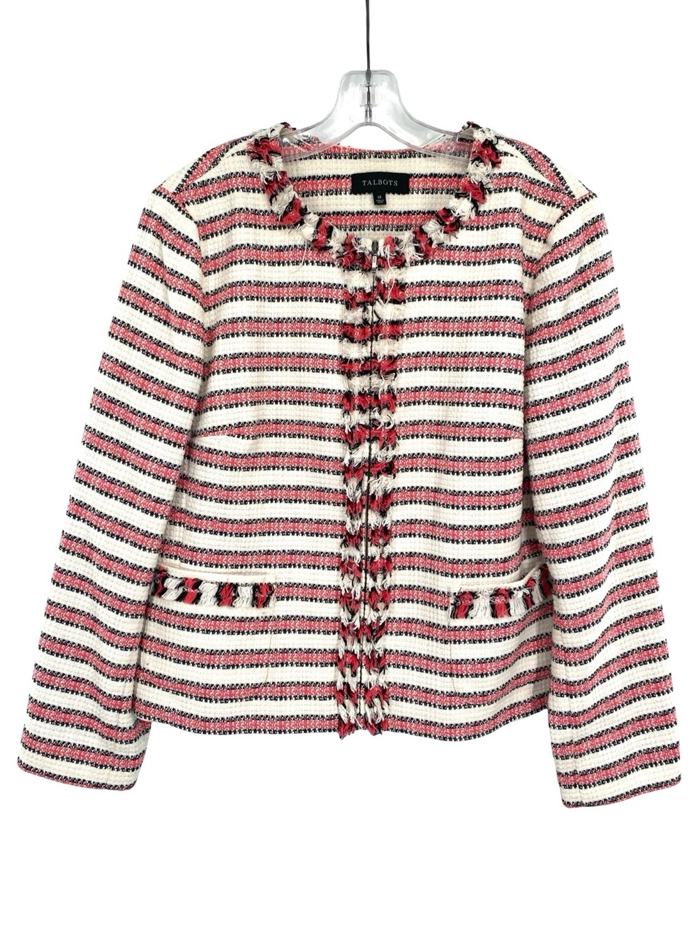 Talbots Tweed Fringe Striped Zip Up Blazer Jacket Size 14
